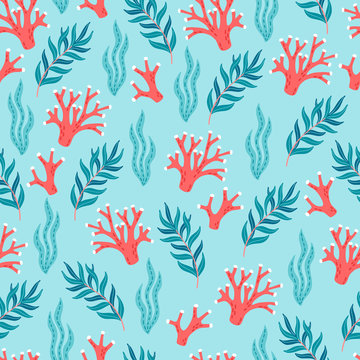 Ocean seamless pattern with corals and seaweeds