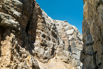 Tofana di Mezzo Via Ferrata in Cortina d'Ampezzo Dolomites. Cabin Cable car Station, View from Punta Anna via ferrata. Big rocky mountains in Dolomites, Italy. Climbing on the rocks in the mountains
