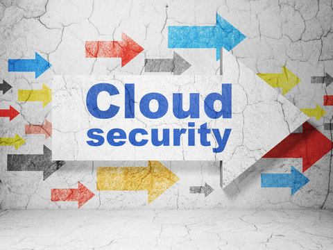 Cloud networking concept:  arrow with Cloud Security on grunge textured concrete wall background, 3D rendering