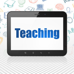 Learning concept: Tablet Computer with  blue text Teaching on display,  Hand Drawn Education Icons background, 3D rendering