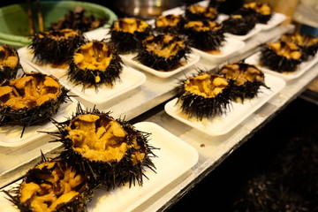 Close up of sea urchin (uni)  being sold in morning market in Hakodate