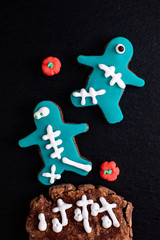 Food concept homemade fancy monster sugar cookies for party or halloween holiday