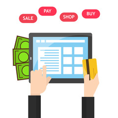  Tablet in hands of a men buying on internet.  flat design. Shopping pay on tablet screen. Online shopping concept.