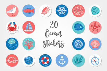 Set of ocean circle stickers with seagull, fish, shell, starfish, fish