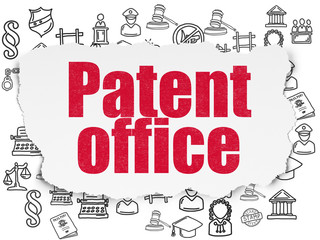 Law concept: Painted red text Patent Office on Torn Paper background with  Hand Drawn Law Icons
