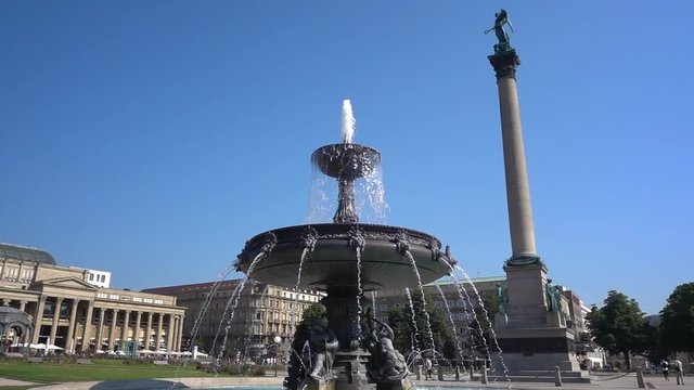 Slow motion of fountain on square in Stuttgart Germany