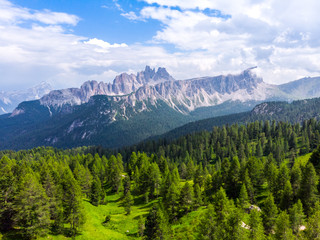 Aerial view Italian Dolomites. Sumer in Dolomiti Dolomites Mountains. Mountain forest in Dolomites. Croda Da Lago Ridge in Dolomites Mountains. Drone video in beautiful Italian Dolomites Mountains