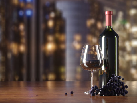 Glass of red wine, glass bottle of wine, grapes, wooden table, blurred lights of skyscrapers on background, copy text place. 