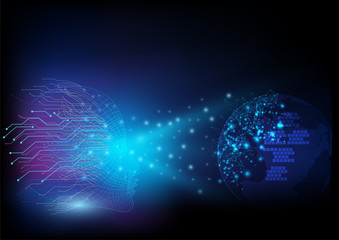 Abstract digital and technology background. Hologram of Artificial Intelligence with world communication and visualization. Machine Learning concept.