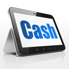 Currency concept: Tablet Computer with blue text Cash on display, 3D rendering