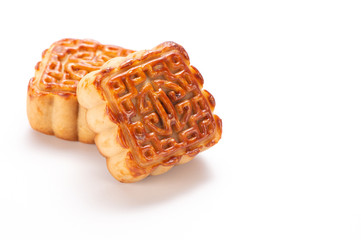 Mooncake in chinese traditional mid-autumn festival(moon festival) isolated on white background with clipping path(saved path), and copy space(text space), close up.