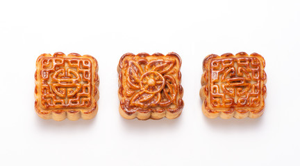 Mooncake in chinese traditional mid-autumn festival(moon festival) isolated on white background with clipping path(saved path), and copy space(text space), close up.