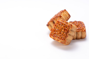 Mooncake in chinese traditional mid-autumn festival(moon festival) isolated on white background with clipping path(saved path), and copy space(text space), close up.