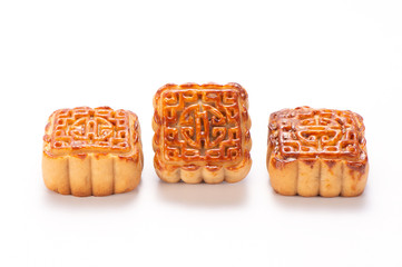Mooncake in chinese traditional mid-autumn festival(moon festival) isolated on white background with clipping path(saved path), and copy space(text space), close up.