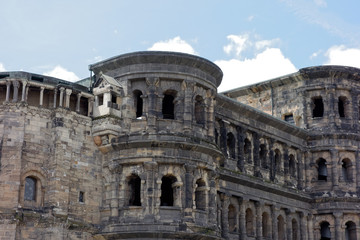 The Porta Nigra is a large Roman city gate in Trier, Germany. It is was built in grey sandstone after 170 AD.