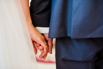 Close-up photo of wedding couple holding hands.