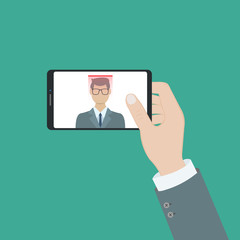 Facial recognition concept. Face ID, face recognition system. Hand holding smartphone with human head and scanning app on screen. Modern application. Flat design graphic elements. Vector illustration
