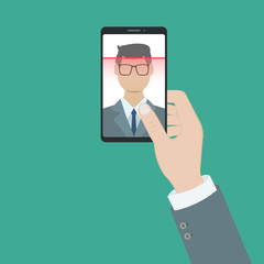 Facial recognition concept. Face ID, face recognition system. Hand holding smartphone with human head and scanning app on screen. Modern application. Flat design graphic elements. Vector illustration