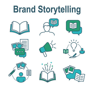 Storytelling Icon with Photo, Speech Bubbles, and person telling a brand & advertising story