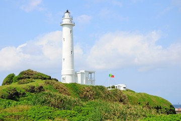Fototapeta na wymiar Famous Lighthouse on the beach and landscape of seaside on Green Island in Taitung, Taiwan