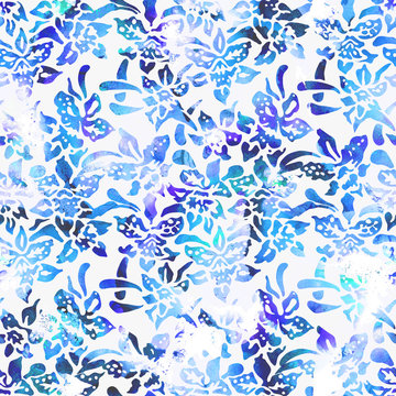 Seamless watercolour floral pattern. Traditional oriental ornament of Indonesia, with orchids. Shades of violet, teal and blue on white background. Textile design.
