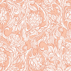 Exotic Garden. Seamless vector background with oriental pattern. Paisley flowers, hand drawn detailed illustration