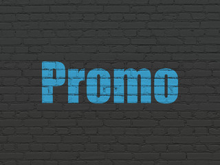 Fototapeta na wymiar Marketing concept: Painted blue text Promo on Black Brick wall background