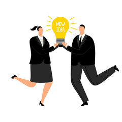 New business idea illustration. Office people in business suits holding in their hands burning light bulb with idea text, fresh solution concept