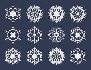 White snowflake icons collection isolated on dark background for your winter design. Vector illustration for abstract snow pattern or snowfall