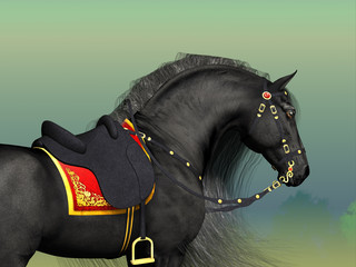 Dark Horse - A Friesian black stallion adorned with fancy Classic saddle and bridle horse tack. © Catmando