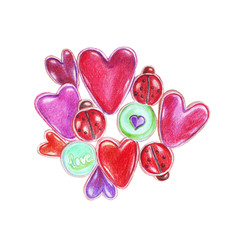 Hand drawing watercolor pencils different kinds of hearts