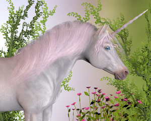 Enchanted Unicorn - A white enchanted unicorn mare with pink mane stands by pink flowers and green ivy vines. © Catmando