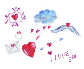 Hand drawn watercolor pencils elements decoration Valentine's day