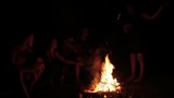 Attractive woman dancing by the campfire and her friends singing and clapping at night