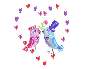 Hand drawing watercolor pencils boy and girl birds