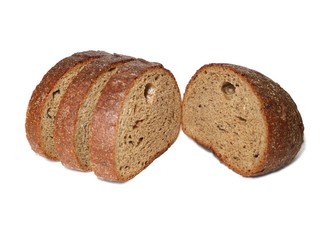 The bread is sliced in vertical slices and the crust is isolated on a white background.