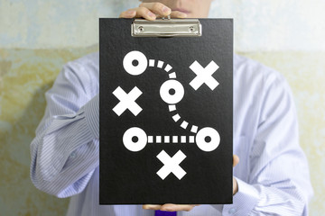 Tactics and Strategic Plan. Accomplish Purpose Business concept. Man offers clipboard with tactical scheme.