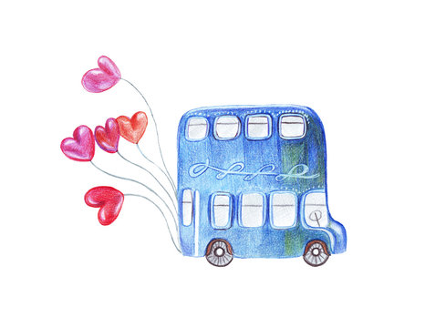 Hand drawing watercolor pencils machine with the newlyweds