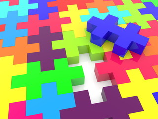 Blue puzzle piece on colorful puzzle
