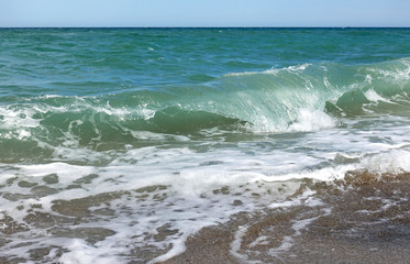 Fototapeta na wymiar Sea wave with foam passes through a deserted sandy beach.
