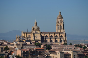 Fototapeta na wymiar Magnificent Shot Of The Cathedral Of Segovia At Sunrise. Architecture, Travel, History. June 18, 2018. Segovia Castilla Leon Spain.