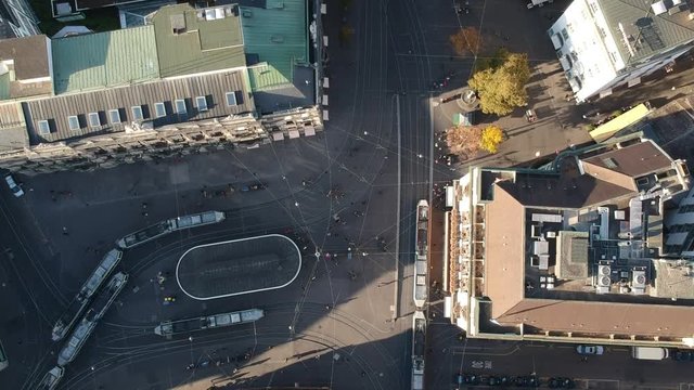 drone flying over Paradeplatz and Bahnhofstrasse in Z&uuml;rich, Switzerland on a sunny summer day