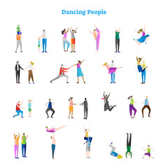 Fototapeta na wymiar Dancing people vector illustrations collection. Various groovy dance moves, active and fun party crowd. Festive event couples, kids and adults in motion.