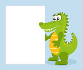 Fototapeta premium Cartoon funny crocodile on a blue background with white board. Alligator with white blank banner. Place your text.