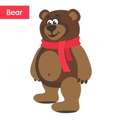 Obraz na płótnie Canvas Teddy Bear with a red scarf. Cartoon character on white background. Vector illustration.