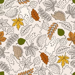 Foto auf Acrylglas Seamless pattern with autumn leaves, hares and hedgehogs. Leaf fall background. © Oksana Zhigulina	
