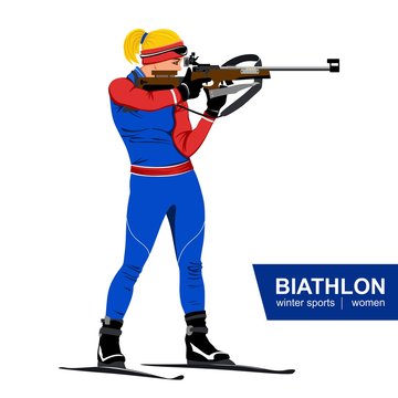 Biathlon, women, shooting standing. Vector illustration. Winter sports. White background.