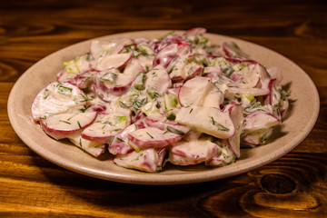 Vegetarian salad with radish, green onion and sour cream on a ceramic plate