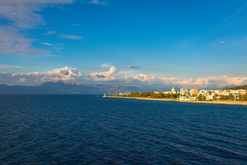 Fototapeta premium View from the ferry ship on port of Patra city at sunset in the Ionian Sea, Greece