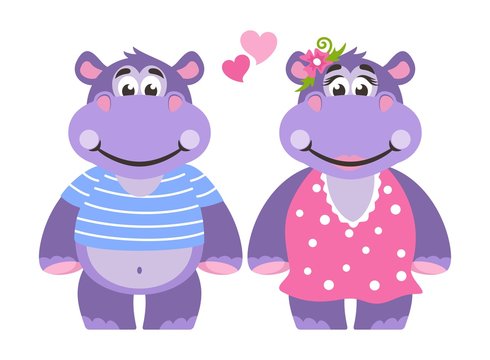 A pair of lovers. A hippopotamus (girl) in a pink dress with polka dots. Hippo (boy) in a blue T-shirt with stripes. Hearts. Two cartoon characters on a white background. Vector illustration.